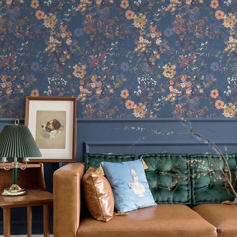 Ismoon Vintage Floral Peel and Stick Wallpaper Blue Contact Paper Boho Wall Paper Dark Navy Flower Removable Self Adhesive Vinyl Wallpaper for Cabinets Shelves Bedroom Wall Decor 17.3x78.7in - Image 2
