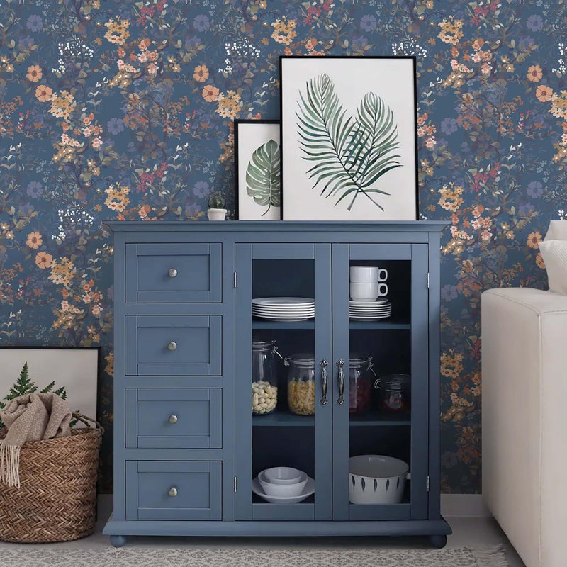 Ismoon Vintage Floral Peel and Stick Wallpaper Blue Contact Paper Boho Wall Paper Dark Navy Flower Removable Self Adhesive Vinyl Wallpaper for Cabinets Shelves Bedroom Wall Decor 17.3x78.7in - Image 4
