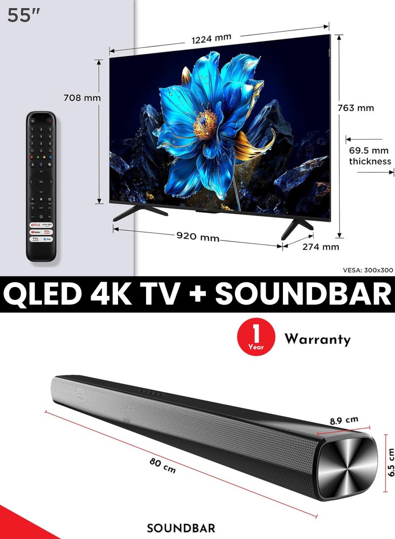 تي سي إل 55-Inch P7K QLED 4K Smart TV + 2.0 Channel Premium Soundbar | [Google TV, AiPQ Processor, 60Hz, HDR10+, MEMC, Slim Uni-body] + [HDMI (ARC), USB, Bluetooth, FM Station, Aux] - (2025 Model) 55P7K+SOUNDBAR Black - Image 2
