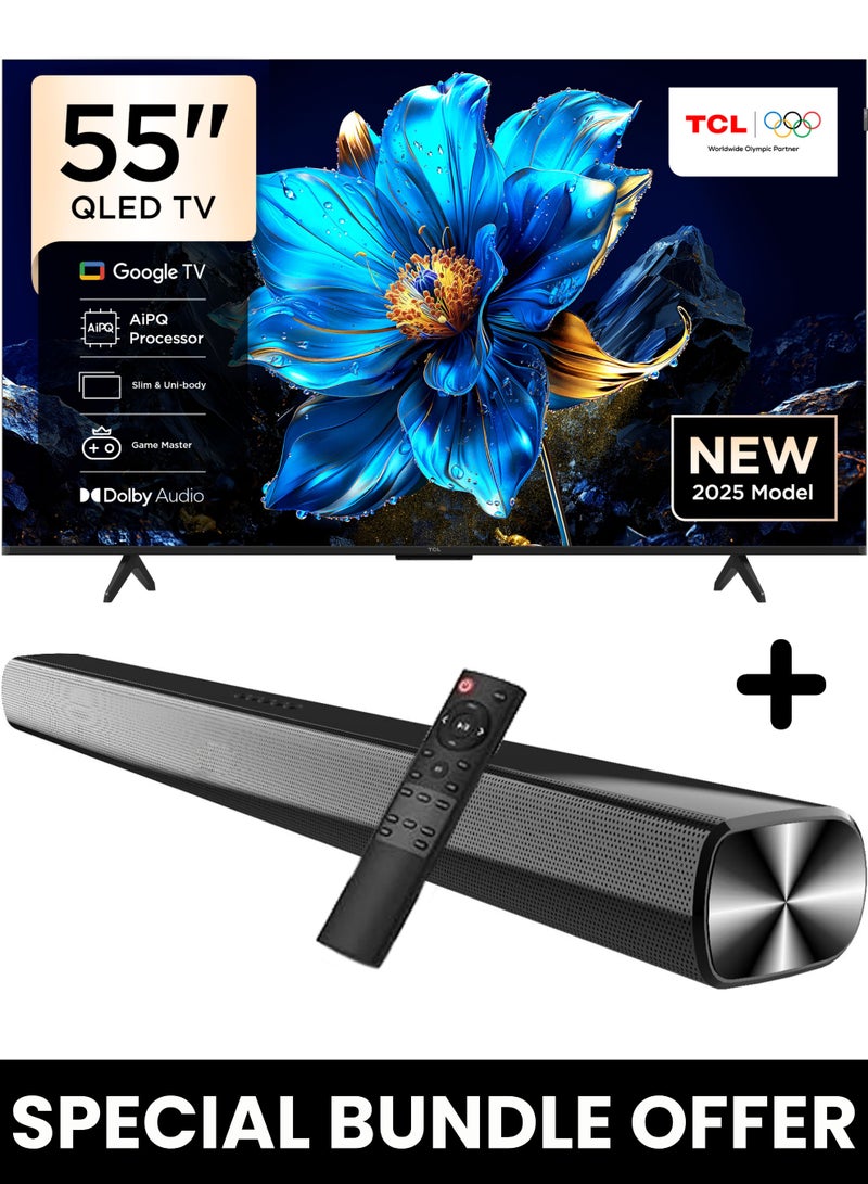 تي سي إل 55-Inch P7K QLED 4K Smart TV + 2.0 Channel Premium Soundbar | [Google TV, AiPQ Processor, 60Hz, HDR10+, MEMC, Slim Uni-body] + [HDMI (ARC), USB, Bluetooth, FM Station, Aux] - (2025 Model) 55P7K+SOUNDBAR Black - Image 1