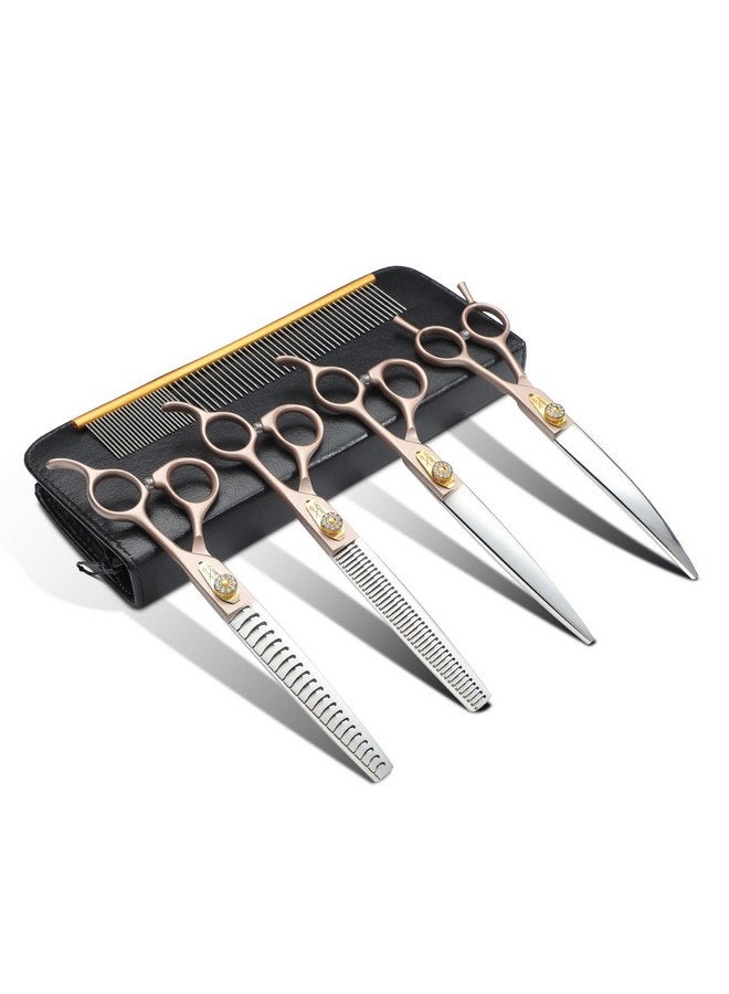 جيسون طقم مقصات العناية بالكلاب من جيسون، مقصات حادة احترافية 6 في 1 للكلاب - مقصات رفيعة ومستقيمة ومنحنية ومشط للكلاب والقطط والحيوانات الأليفة، لون ذهبي وردي - Image 1