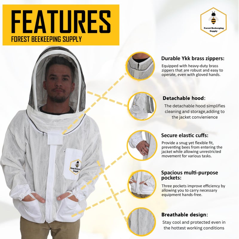 FOREST BEEKEEPING SUPPLY سترة نحل مهوية من غابة مع غطاء سياج، سترات نحال مهوية فاخرة بسوستة نحاسية YKK، للمحترفين والتجاريين والمبتدئين في تربية النحل (صغير) - Image 3
