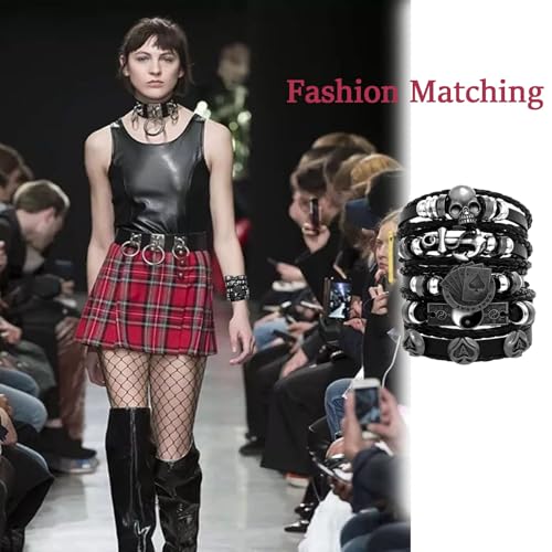 KalamkariX Punk Bracelet Set, Black Leather Hand Bands for Men and Women, Adjustable Wristbands for Punk Music Lovers, Gothic Style, Rock Climbing, Motorcycle Riding, Gift Giving - Image 3