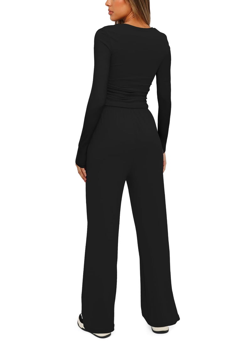 Darong Women's 2 Piece Sets Fall Outfits Long Sleeve Wide Leg Tracksuits Casual Sweat Sets Lounge Set 9065A Black S - Image 2