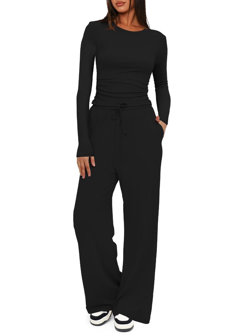 Darong Women's 2 Piece Sets Fall Outfits Long Sleeve Wide Leg Tracksuits Casual Sweat Sets Lounge Set 9065A Black S - Image 1