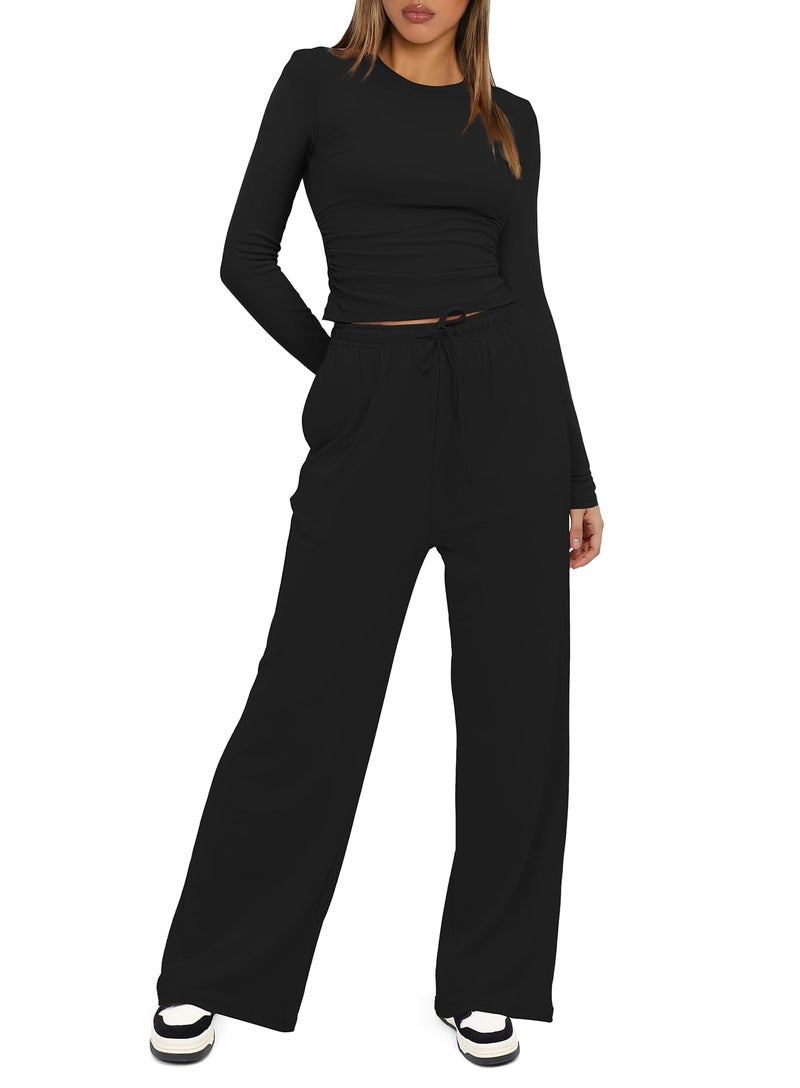 Darong Women's 2 Piece Sets Fall Outfits Long Sleeve Wide Leg Tracksuits Casual Sweat Sets Lounge Set 9065A Black S - Image 3