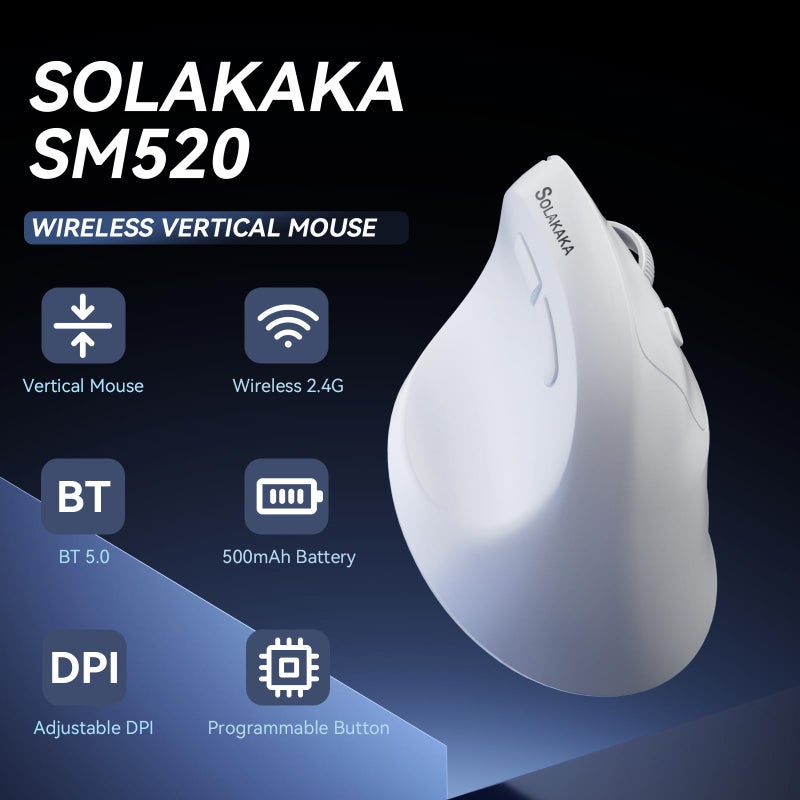 SOLAKAKA SM520 Ergonomic Mouse with 24000 DPI, Vertical Mouse with Programmable Side Button, Wireless Mouse with Tri-Mode Connection - BT5.0/USB-C/2.4GHz, for Desktop, PC, Laptop (White) - Image 2
