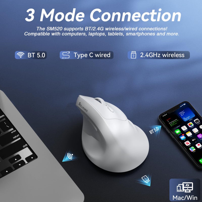 SOLAKAKA SM520 Ergonomic Mouse with 24000 DPI, Vertical Mouse with Programmable Side Button, Wireless Mouse with Tri-Mode Connection - BT5.0/USB-C/2.4GHz, for Desktop, PC, Laptop (White) - Image 3