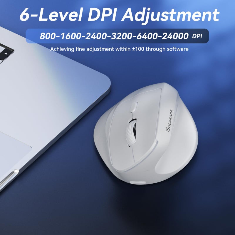 SOLAKAKA SM520 Ergonomic Mouse with 24000 DPI, Vertical Mouse with Programmable Side Button, Wireless Mouse with Tri-Mode Connection - BT5.0/USB-C/2.4GHz, for Desktop, PC, Laptop (White) - Image 4