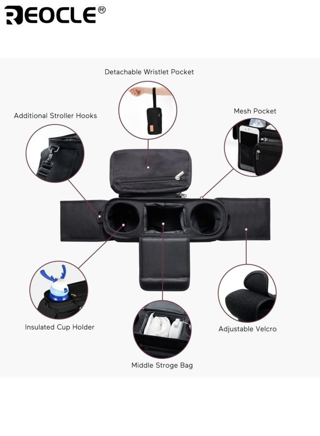 REOCLE Baby's Universal Stroller Organizer with Insulated Cup Holder and Detachable Phone Bag Multi Function Storage Caddy with Adjustable Strap for Baby Pet Stroller Use - Image 2