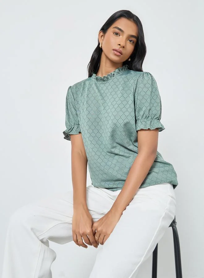 Take Two Take Two Green Textured Eyelet Puff Sleeve Blouse