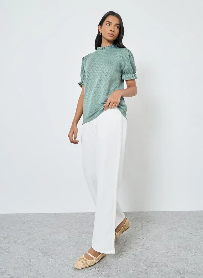 Take Two Take Two Green Textured Eyelet Puff Sleeve Blouse