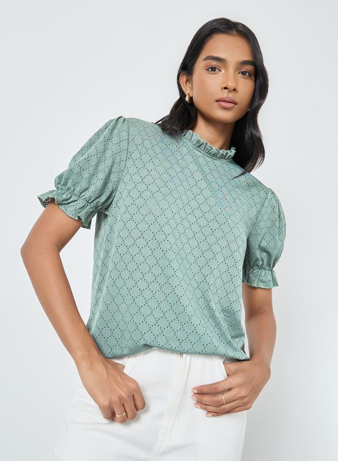Take Two Green Textured Eyelet Puff Sleeve Blouse - Image 3