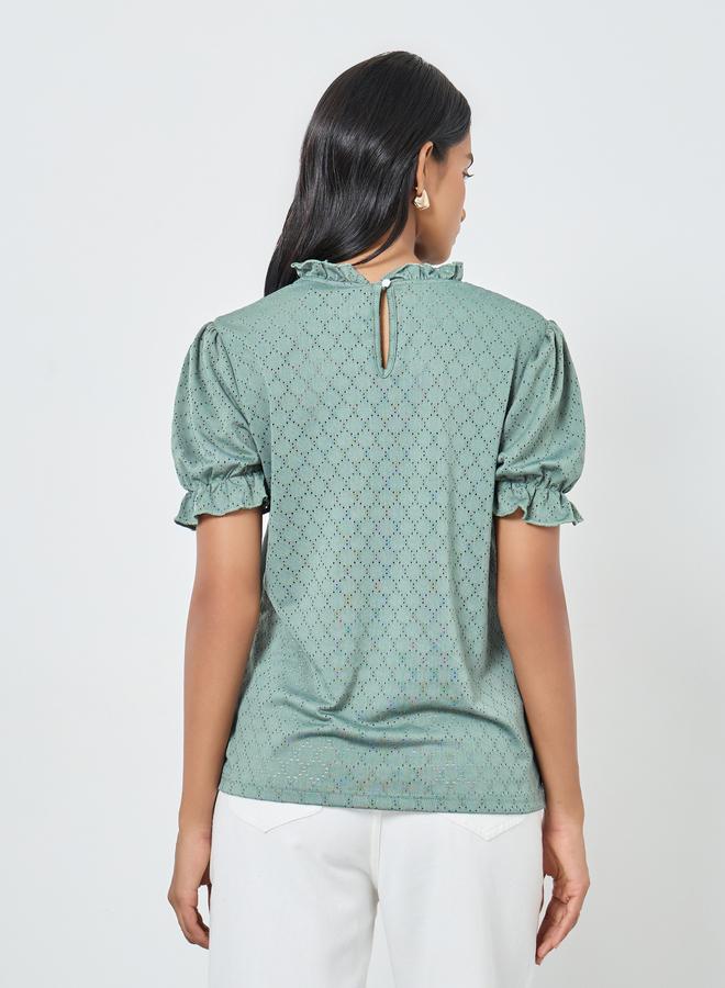 Take Two Green Textured Eyelet Puff Sleeve Blouse - Image 5
