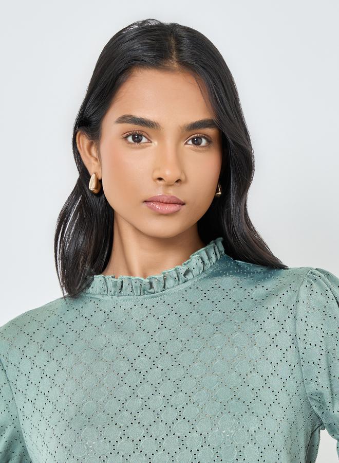Take Two Green Textured Eyelet Puff Sleeve Blouse - Image 4