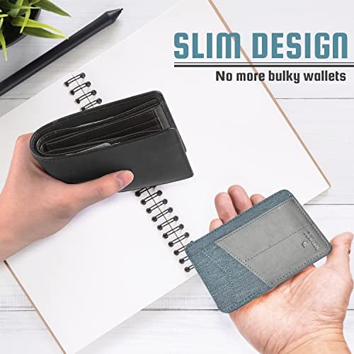 VBAX RFID Slim Wallet for Men Women, 8 Card Slot Leather Minimalist Front Pocket Credit Card Holders, Grey Canvas - Image 3