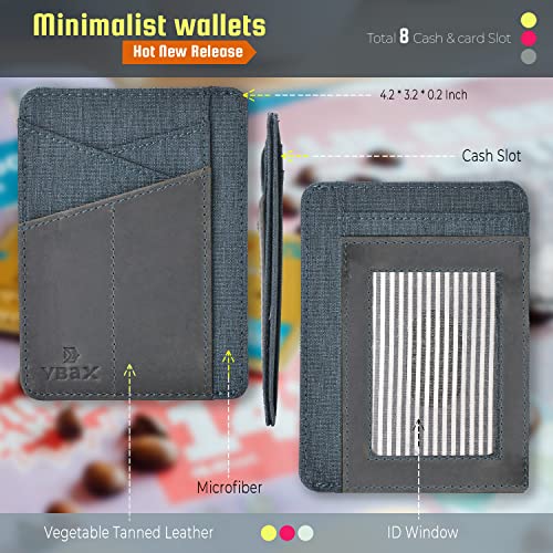 VBAX RFID Slim Wallet for Men Women, 8 Card Slot Leather Minimalist Front Pocket Credit Card Holders, Grey Canvas - Image 2