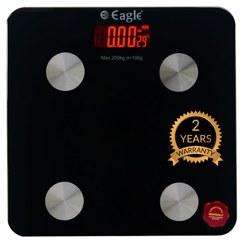 Eagle ميزان وزن الجسم بسعة 200 كجم ودقة 100 جرام، آلة وزن ذكية متوافقة مع أنظمة IOS و Android | ميزان وزن للاستخدام المنزلي، صالة الألعاب الرياضية، ضمان لمدة سنتين، أسود - EBS-7005E - Image 1