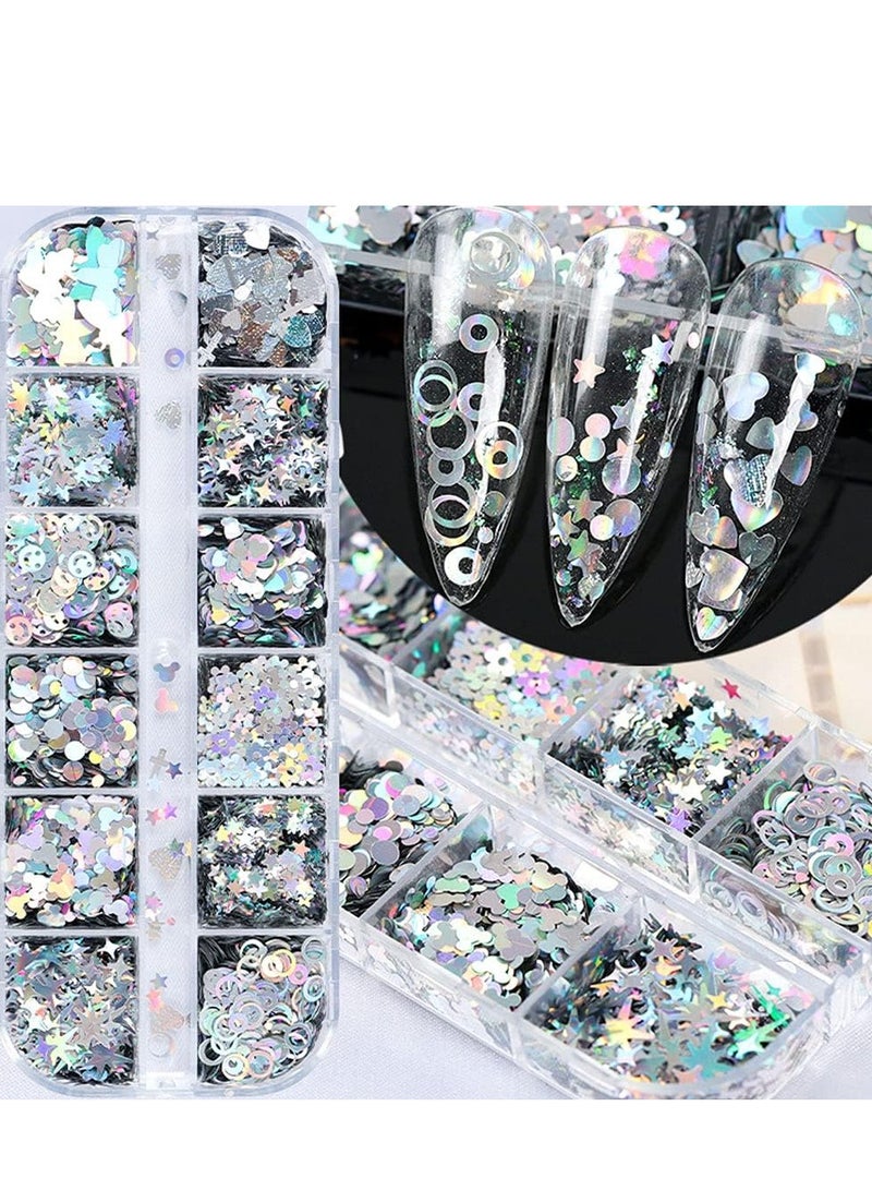 SYOSI Silver Laser Nail Art Glitter, 3D Holographic Sparky, Star Flower Sequins Mixed Size Glitters Acrylic Iridescent Flake Supplies Decoration DIY Accessories Makeup Eyes Hair Jewellery - Image 1