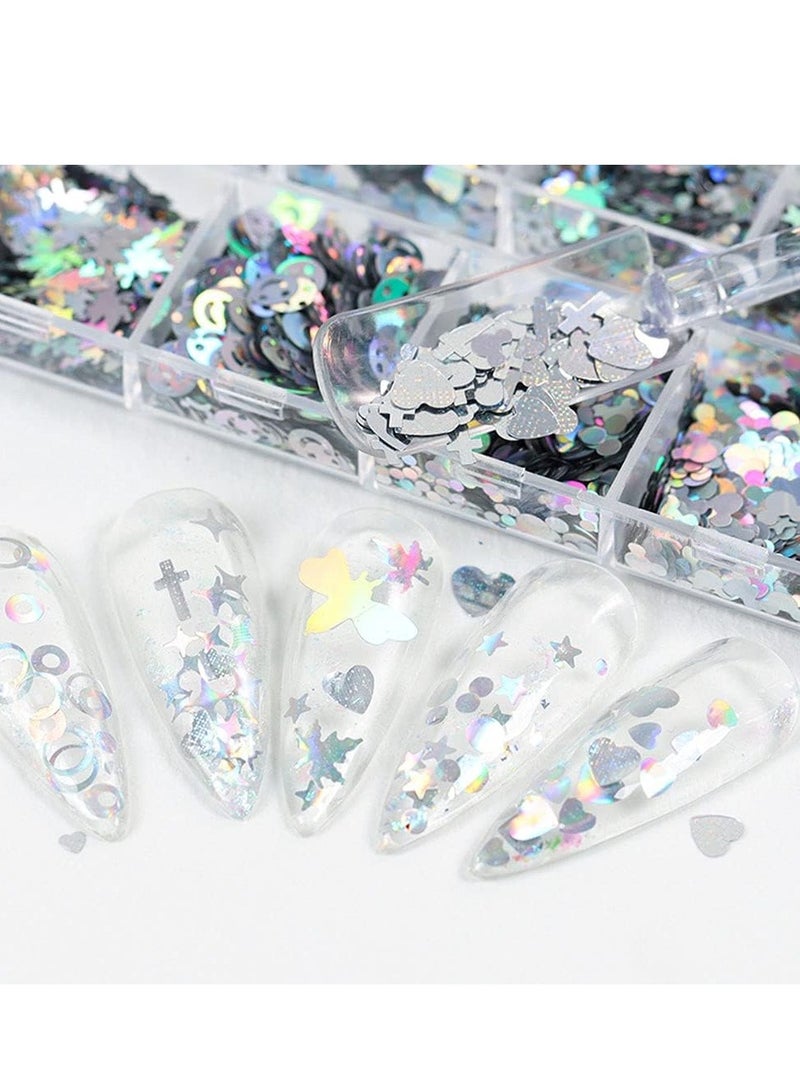SYOSI Silver Laser Nail Art Glitter, 3D Holographic Sparky, Star Flower Sequins Mixed Size Glitters Acrylic Iridescent Flake Supplies Decoration DIY Accessories Makeup Eyes Hair Jewellery - Image 3