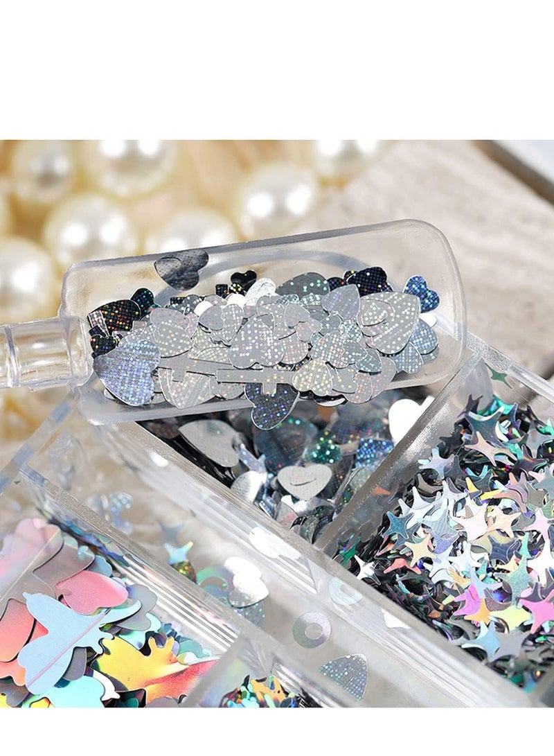 SYOSI Silver Laser Nail Art Glitter, 3D Holographic Sparky, Star Flower Sequins Mixed Size Glitters Acrylic Iridescent Flake Supplies Decoration DIY Accessories Makeup Eyes Hair Jewellery - Image 4