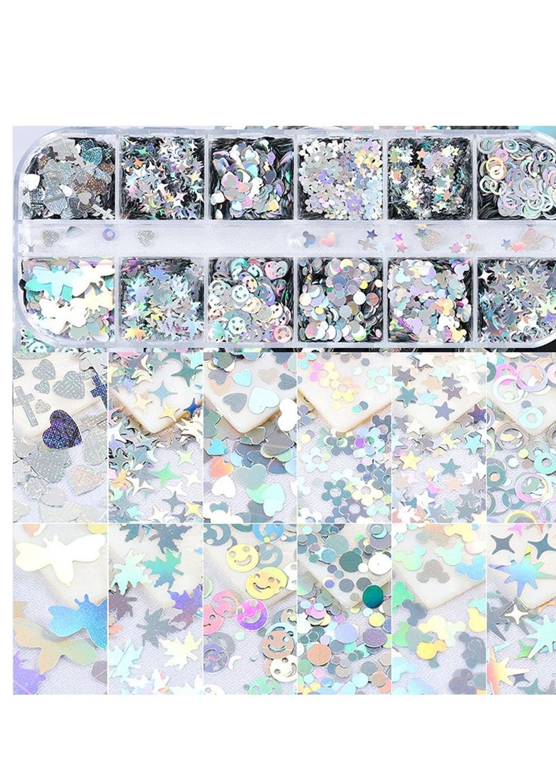 SYOSI Silver Laser Nail Art Glitter, 3D Holographic Sparky, Star Flower Sequins Mixed Size Glitters Acrylic Iridescent Flake Supplies Decoration DIY Accessories Makeup Eyes Hair Jewellery - Image 2