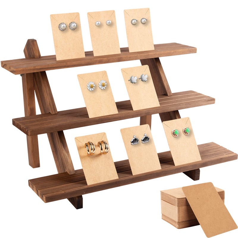 ZYP 51pcs 3-Tier Wood Earring Display Stand, Retail Jewelry Card Stand with Groove + 50 Cards Portable Ring Organizer Holder Showcase Racks for Business Home Using - Image 1