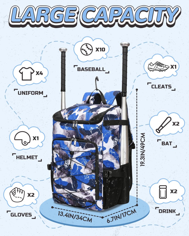 FOKDUVB Baseball Softball Gear Bag Backpack for Boys Girls Ages 8-12 12-14 Large Kids Youth Bat Bag with Ventilated Shoe Compartment Baseball Softball Players Stuff Supplies (Blue, Camouflage) - Image 2