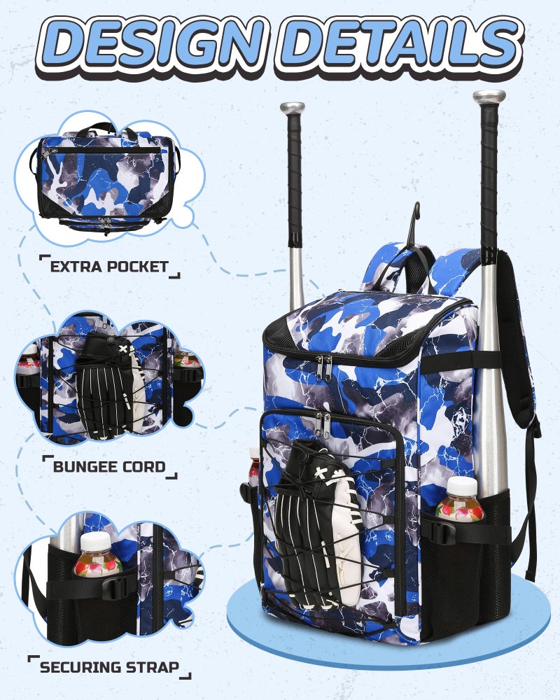 FOKDUVB Baseball Softball Gear Bag Backpack for Boys Girls Ages 8-12 12-14 Large Kids Youth Bat Bag with Ventilated Shoe Compartment Baseball Softball Players Stuff Supplies (Blue, Camouflage) - Image 4