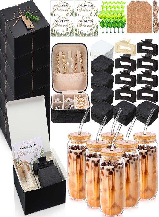 Quelay 56 Pcs Bridesmaid Proposal Gift Set, 15oz Glass Cup, Mini Jewelry Box, Square Clips, Gift Box Will You Be My Bridesmaid Invitation Card for Bridal Shower Bridesmaid Bachelorette Party (Black) - Image 1