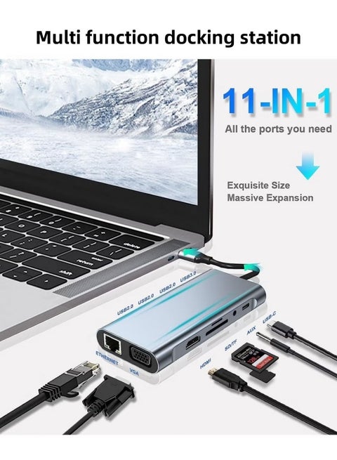 11-in-1 USB-C Hub Adapter with 4K HDMI, VGA, PD Fast Charge, USB 3.0, Ethernet, SD/TF Card Reader, 3.5mm AUX - Compatible with MacBook, Type-C Devices