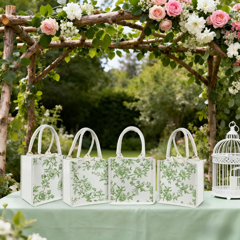 Kuabiz 6 Pcs Green and White Floral Burlap Tote Bags Chinoiserie Jute Tote Bags with Handles for Wedding Bridal Wedding Decor - Image 3