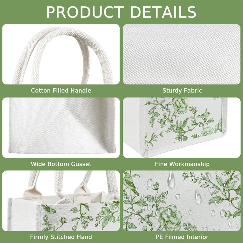 Kuabiz 6 Pcs Green and White Floral Burlap Tote Bags Chinoiserie Jute Tote Bags with Handles for Wedding Bridal Wedding Decor - Image 5