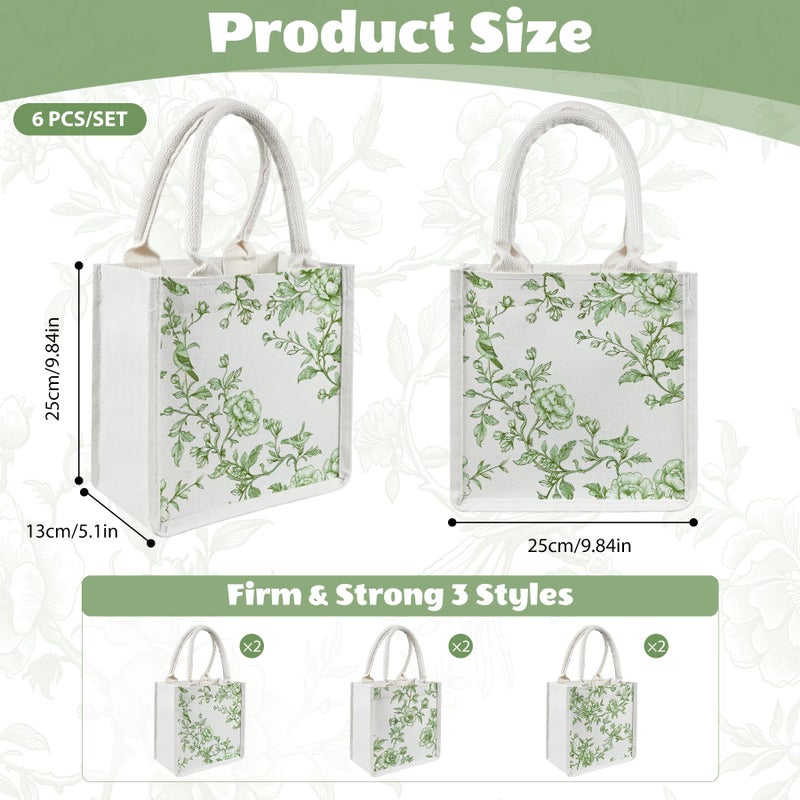 Kuabiz 6 Pcs Green and White Floral Burlap Tote Bags Chinoiserie Jute Tote Bags with Handles for Wedding Bridal Wedding Decor - Image 4