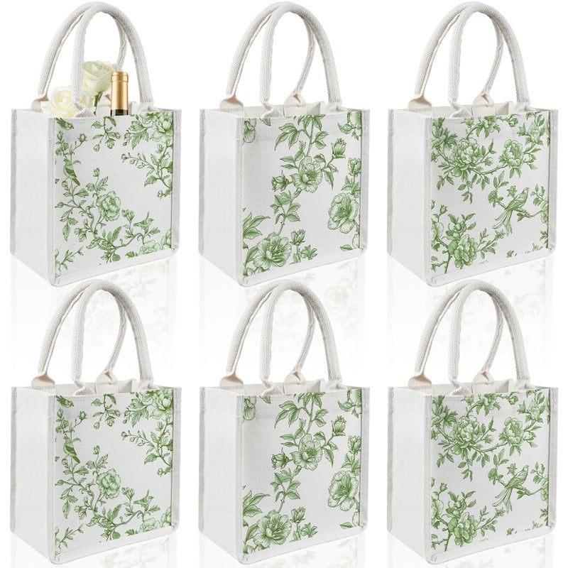 Kuabiz 6 Pcs Green and White Floral Burlap Tote Bags Chinoiserie Jute Tote Bags with Handles for Wedding Bridal Wedding Decor - Image 1