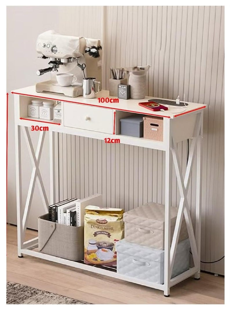 إكسبرت طاولة كونسول للمدخل مع خزانة، طاولة مميزة لغرفة المعيشة وغرفة النوم 100×30×90 سم مع قاعدة شحن، طاولة قهوة عصرية مع رف تخزين وأدراج ومخرج طاقة، أبيض - Image 3