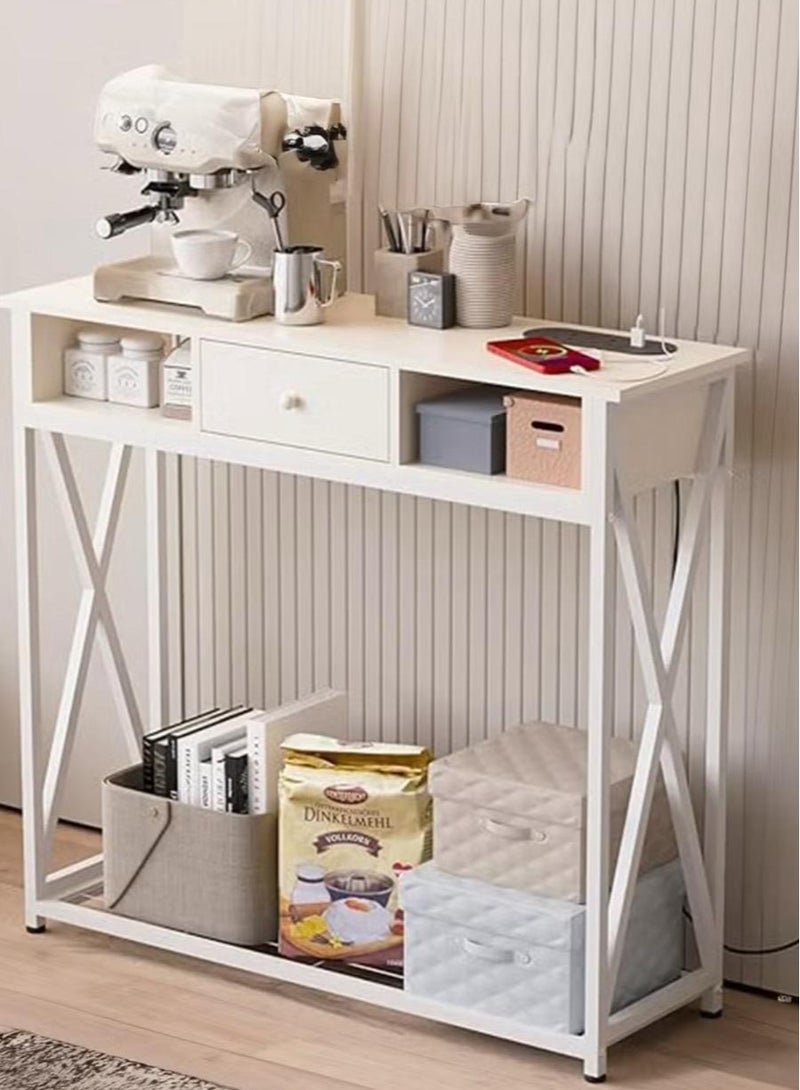 إكسبرت طاولة كونسول للمدخل مع خزانة، طاولة مميزة لغرفة المعيشة وغرفة النوم 100×30×90 سم مع قاعدة شحن، طاولة قهوة عصرية مع رف تخزين وأدراج ومخرج طاقة، أبيض - Image 2