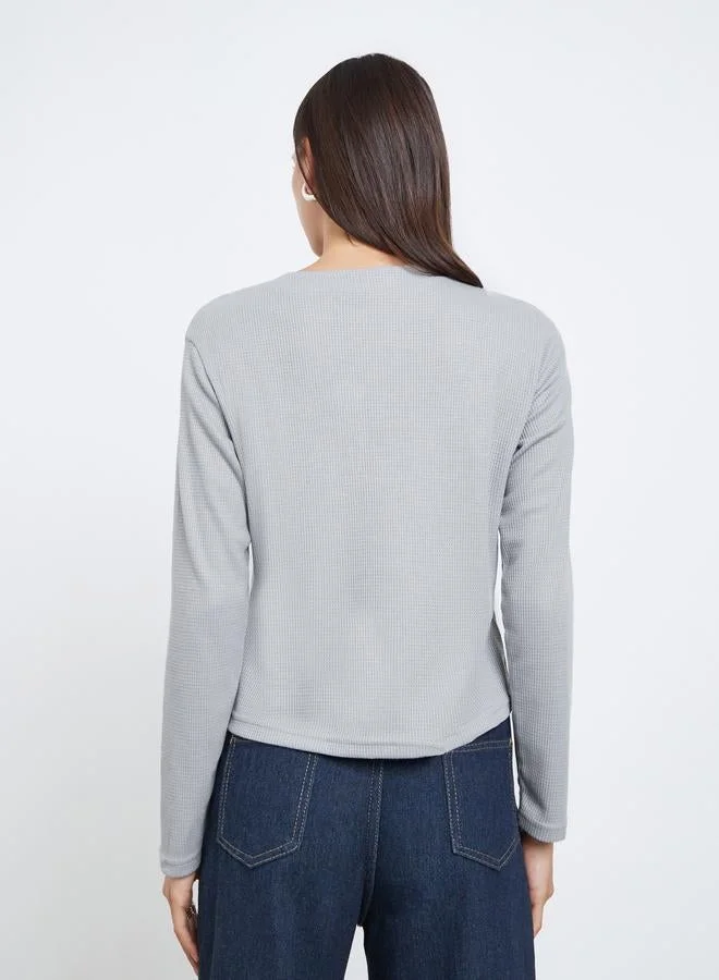 Styli  Grey Waffle Knit Long Sleeve T-Shirt for Women | Best Price UAE