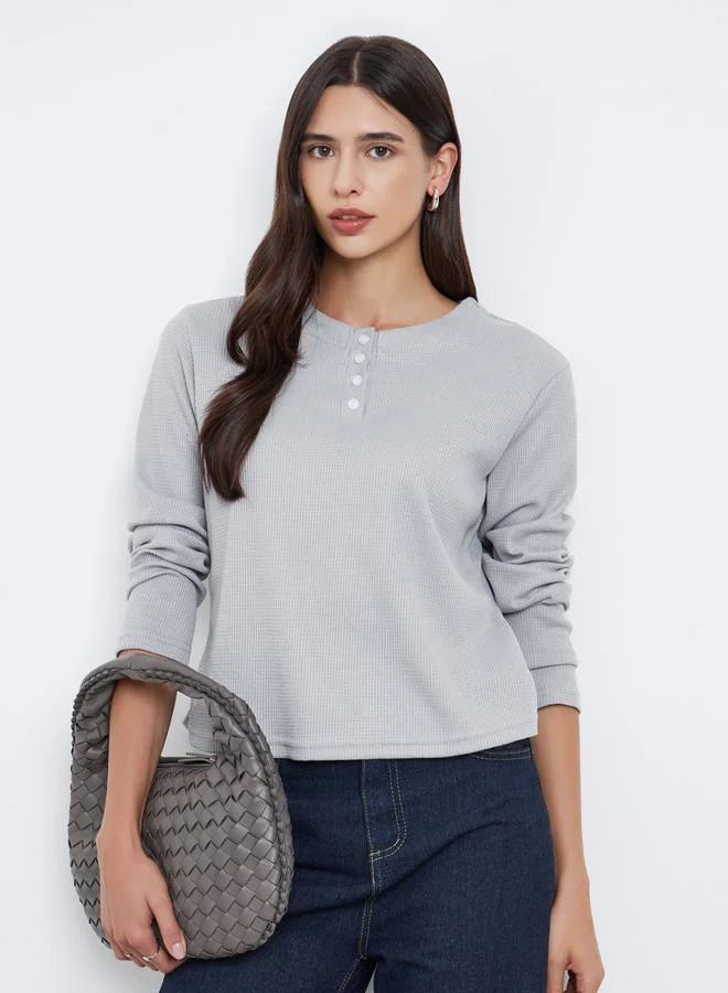 Grey Waffle Knit Long Sleeve T-Shirt
