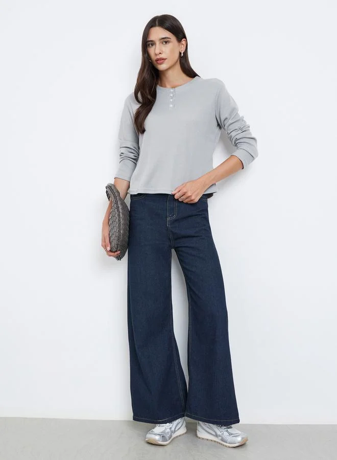 Styli  Grey Waffle Knit Long Sleeve T-Shirt for Women | Best Price UAE