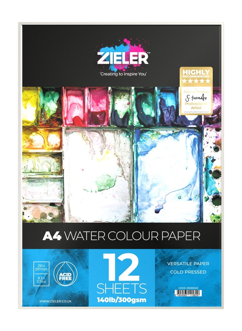 Zieler A4 Size Watercolour Paper Pad For Painting 12 Sheets 300gsm Thickness - Image 1