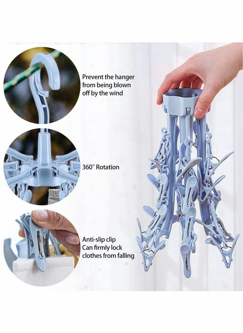 Folding Sock Dryer, 24 Peg Sock Hanger for Washing Line, Wind-proof Underwear Hanger, Portable Rotable Sock Drying Racks with Clips for Socks Underwear Baby Clothes, Gloves, Shoe Insoles(Blue)