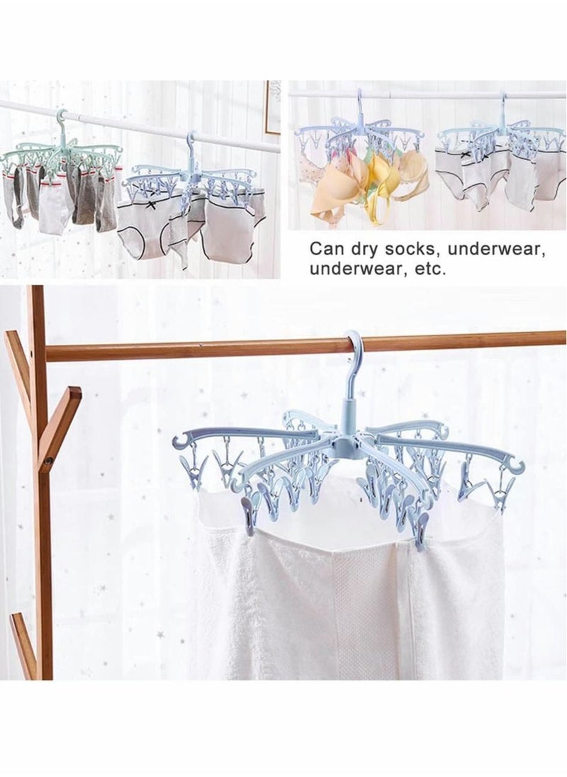 Folding Sock Dryer, 24 Peg Sock Hanger for Washing Line, Wind-proof Underwear Hanger, Portable Rotable Sock Drying Racks with Clips for Socks Underwear Baby Clothes, Gloves, Shoe Insoles(Blue)
