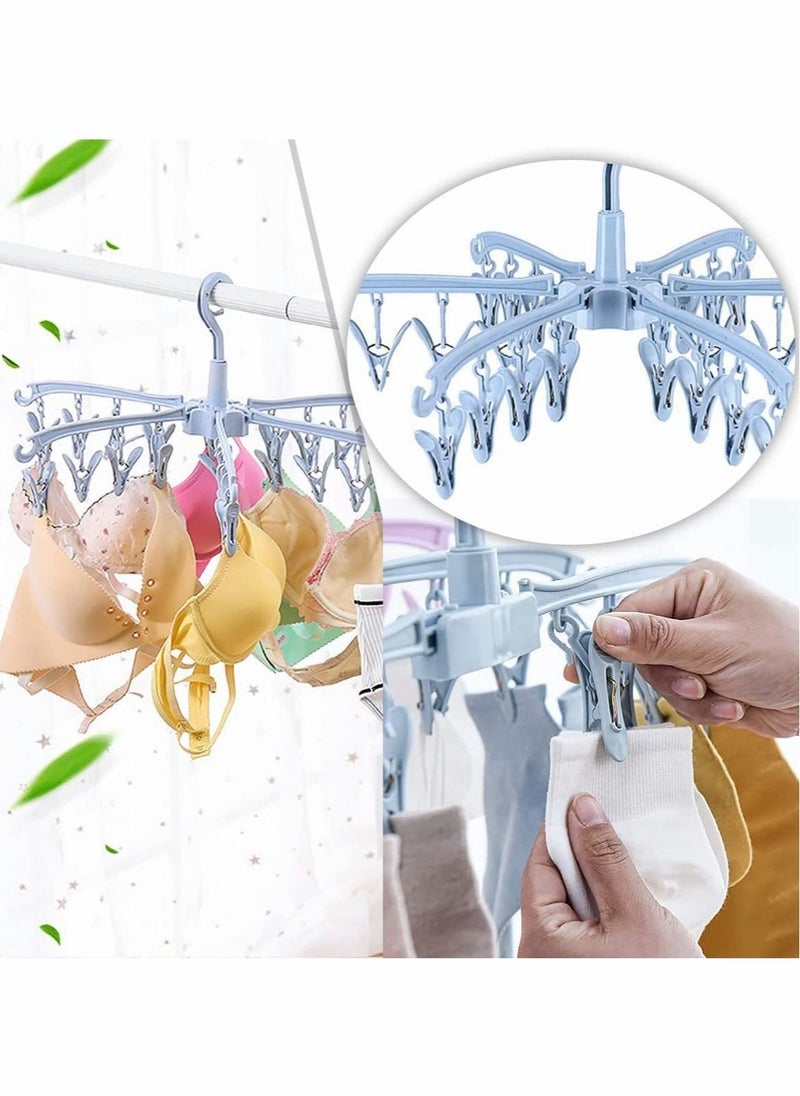 Folding Sock Dryer, 24 Peg Sock Hanger for Washing Line, Wind-proof Underwear Hanger, Portable Rotable Sock Drying Racks with Clips for Socks Underwear Baby Clothes, Gloves, Shoe Insoles(Blue)