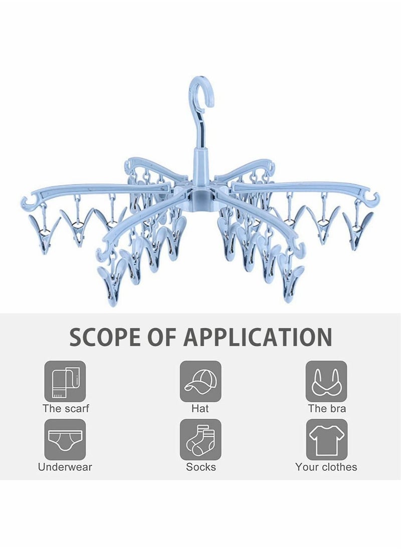 Folding Sock Dryer, 24 Peg Sock Hanger for Washing Line, Wind-proof Underwear Hanger, Portable Rotable Sock Drying Racks with Clips for Socks Underwear Baby Clothes, Gloves, Shoe Insoles(Blue)