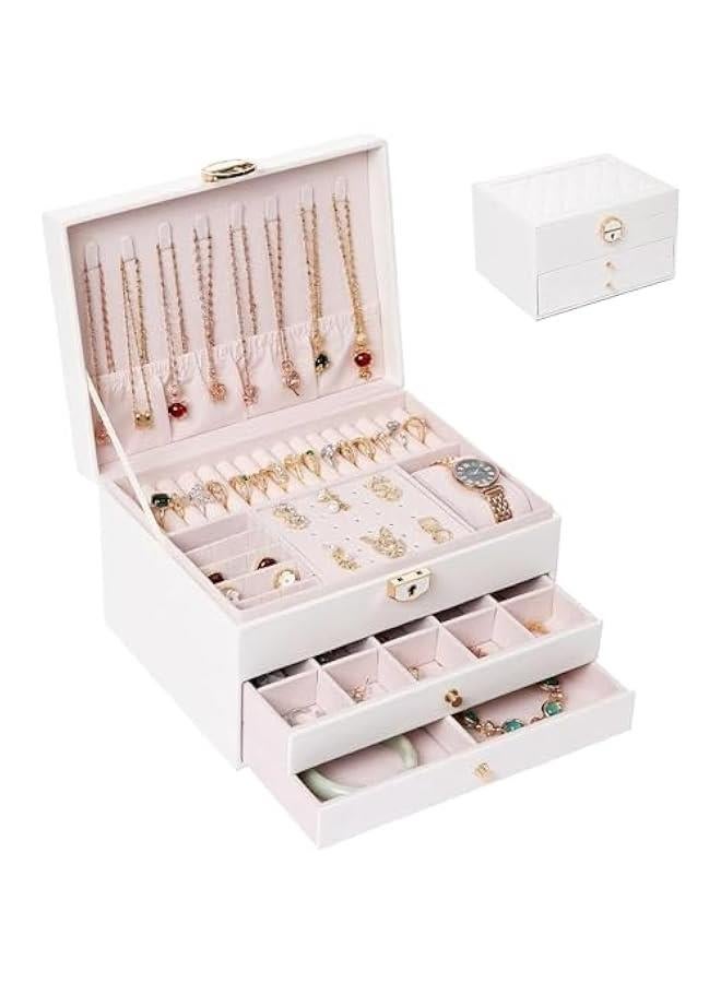 MIXDE 3Layer Jewelry Box, Jewelry Holder Organizer with Jewelry Organizer Drawer, Large Jewelry Boxes & Organizer with Velvet Earring Organizer Lockable Jewelry Holder Gifts for Women&Girls (White) - Image 1