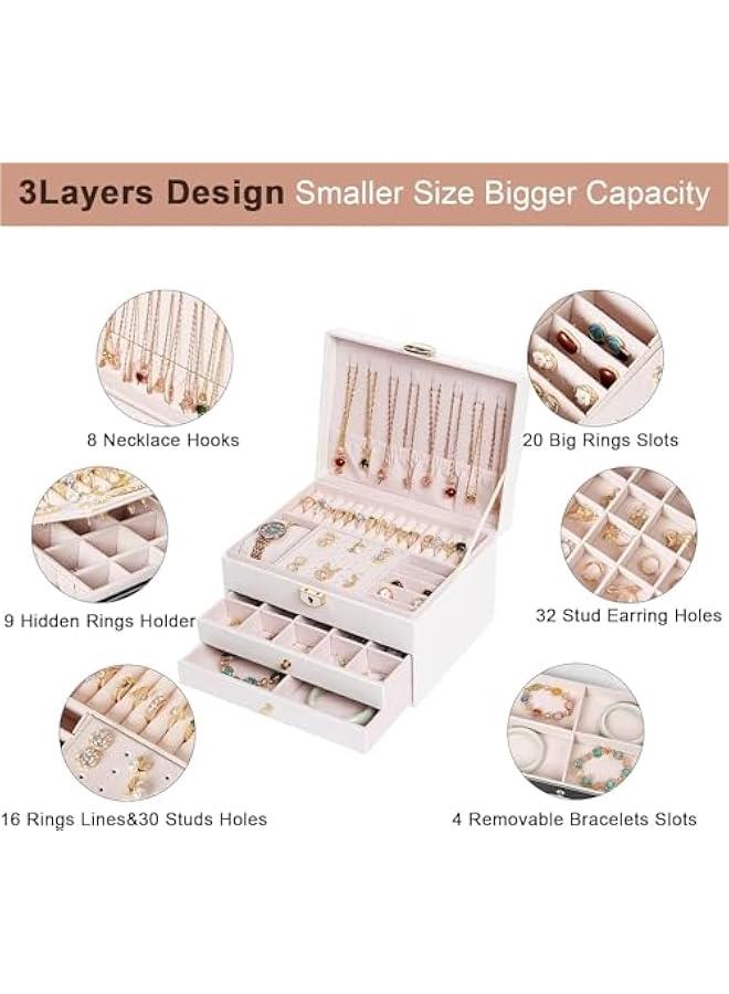 MIXDE 3Layer Jewelry Box, Jewelry Holder Organizer with Jewelry Organizer Drawer, Large Jewelry Boxes & Organizer with Velvet Earring Organizer Lockable Jewelry Holder Gifts for Women&Girls (White) - Image 3