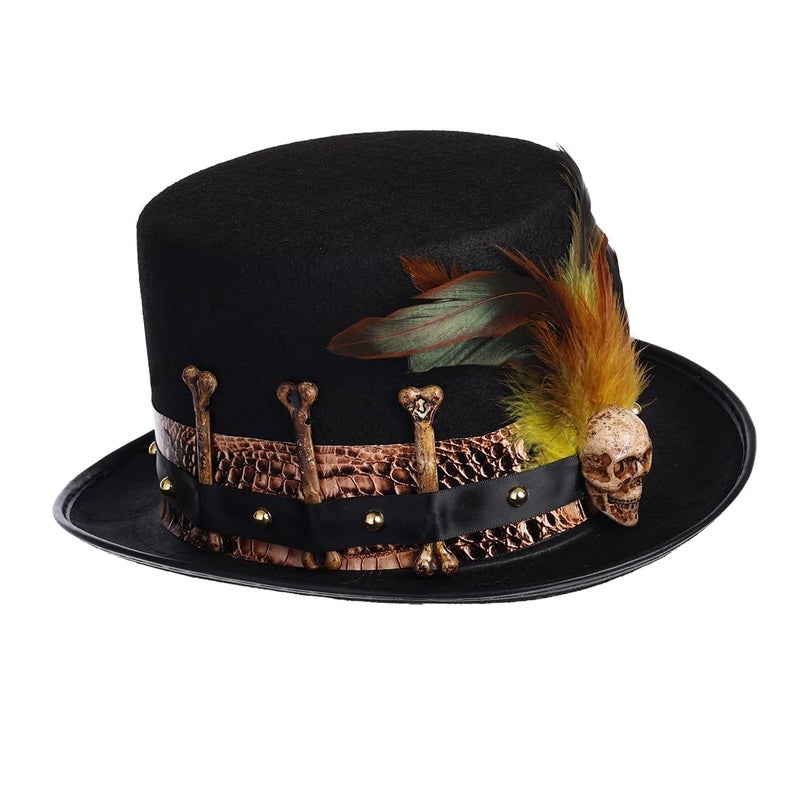 COSDREAMER Women Voodoo Hats Witch Doctor Top Hats Skull Feathers Hat (Brown) - Image 2