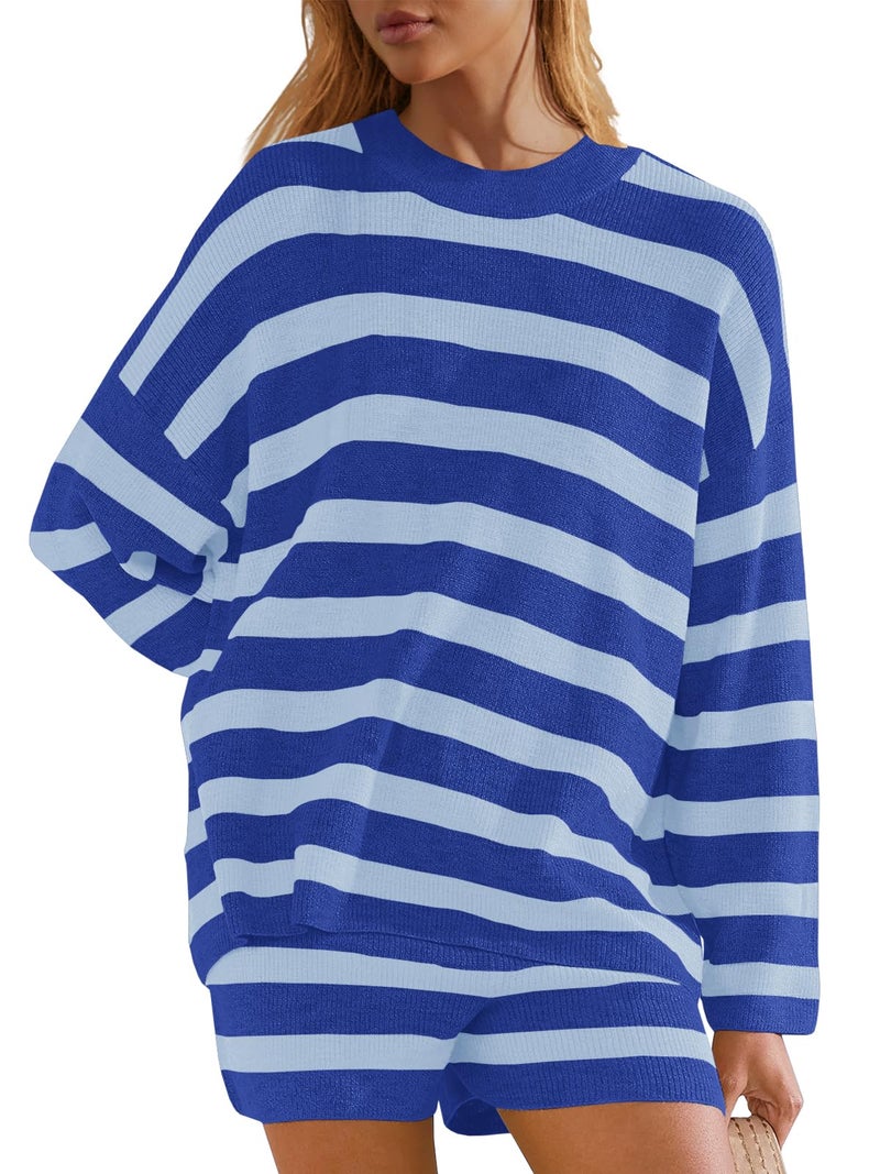 Panadila Womens Shorts Sets 2 Piece Fall Outfits Striped Sweater Set Oversized Lounge Set Cute Matching Set 2024 (Dark Blue Combo,S) - Image 2
