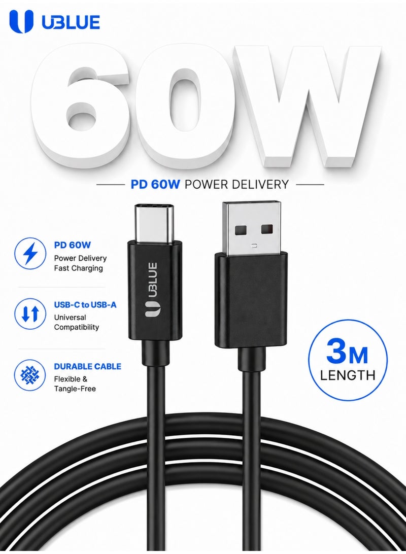 يوبلو كابل UBLUE من نوع USB-A إلى USB-C، بحد أقصى 3 أمبير، لنقل البيانات USB 2.0، طوله 3 أمتار، أسود، متوافق مع أجهزة iPhone من سلسلة 17-15، وGalaxy S25، وApple Watch، وiPad Pro، وMacBook Pro، وPS5 - Image 1